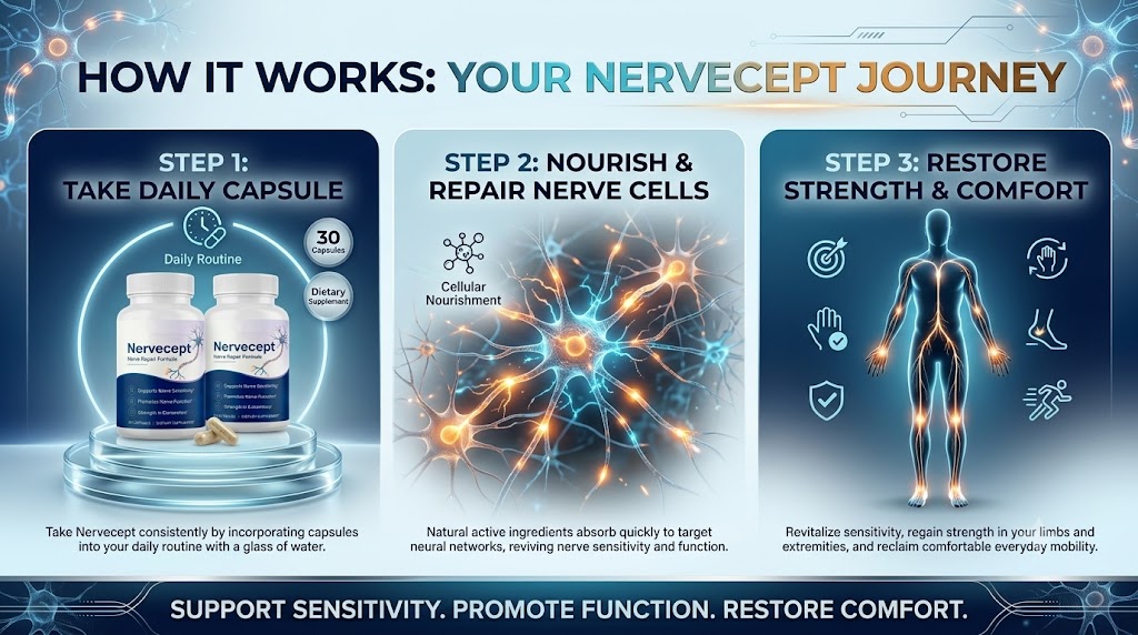 Nervecept's official How It Works infographic showing the three-step daily capsule routine